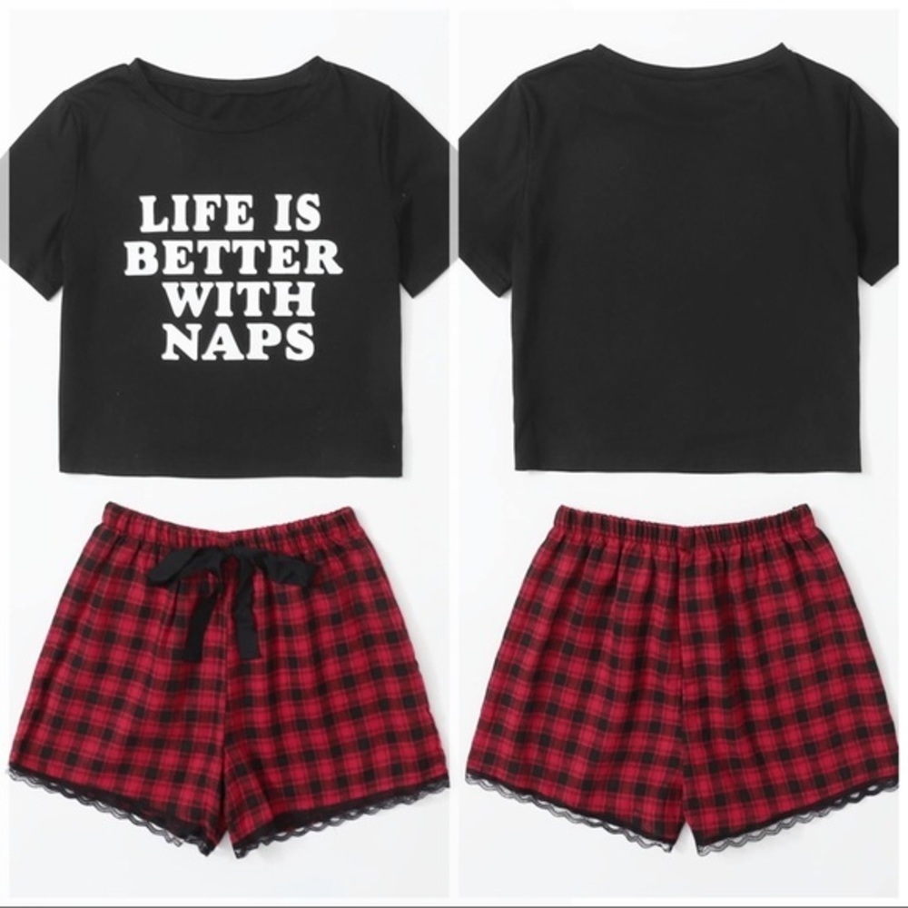 New Black Tee & Red Plaid Shorts Pajama Set​ - Picture 2 of 5